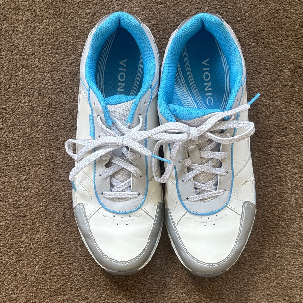 Vionic White Athletic Sneakers with Bright Blue Lining
Size 8